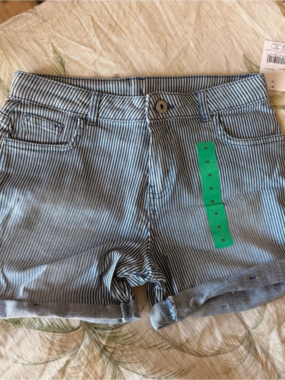 Striped Blue Denim Cuffed Shorts